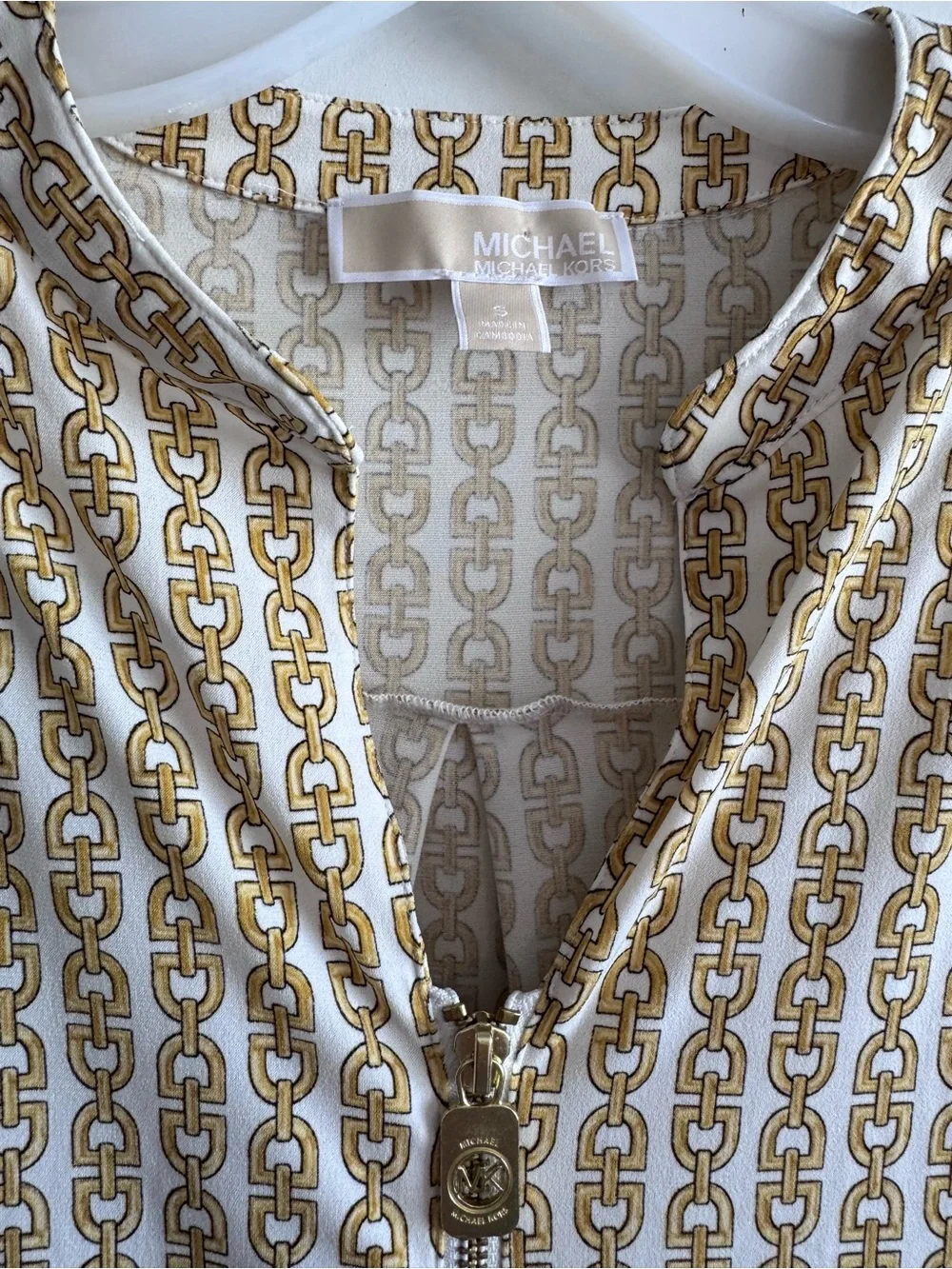Michael Kors Cream Blouse with Gold Chain-Link equestrian-inspired print